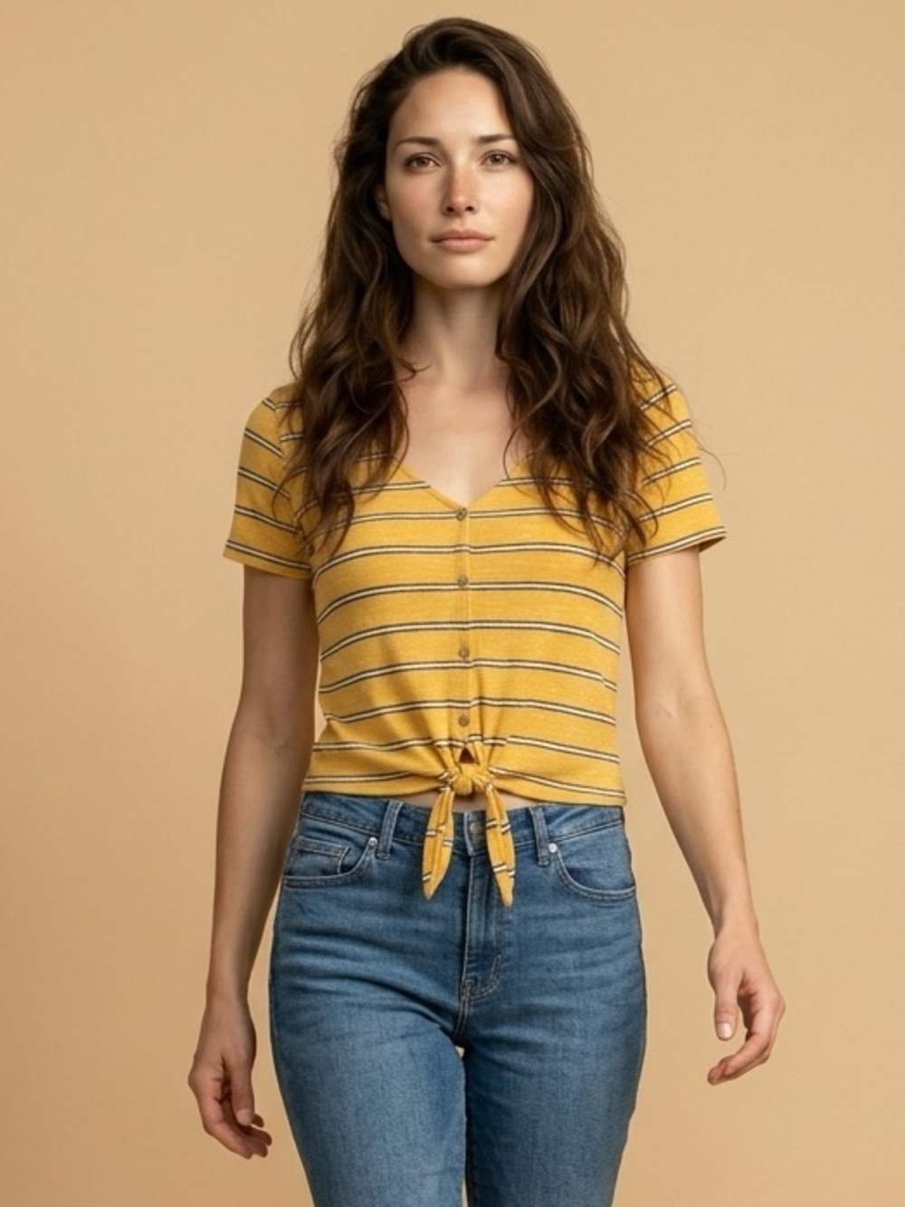 EUC- Flawless Juniors Yellow Black White Faux Button Tie Front Top Shirt Size 1X